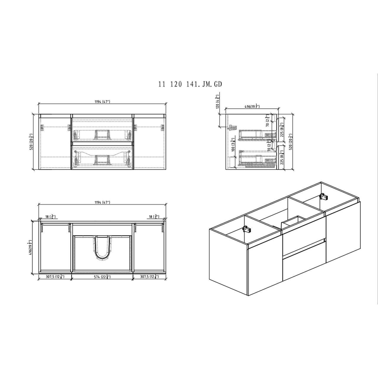 Bohemia Lina 48" Wall Mounted Bathroom Vanity with Reinforced Acrylic Integrated Sink Top