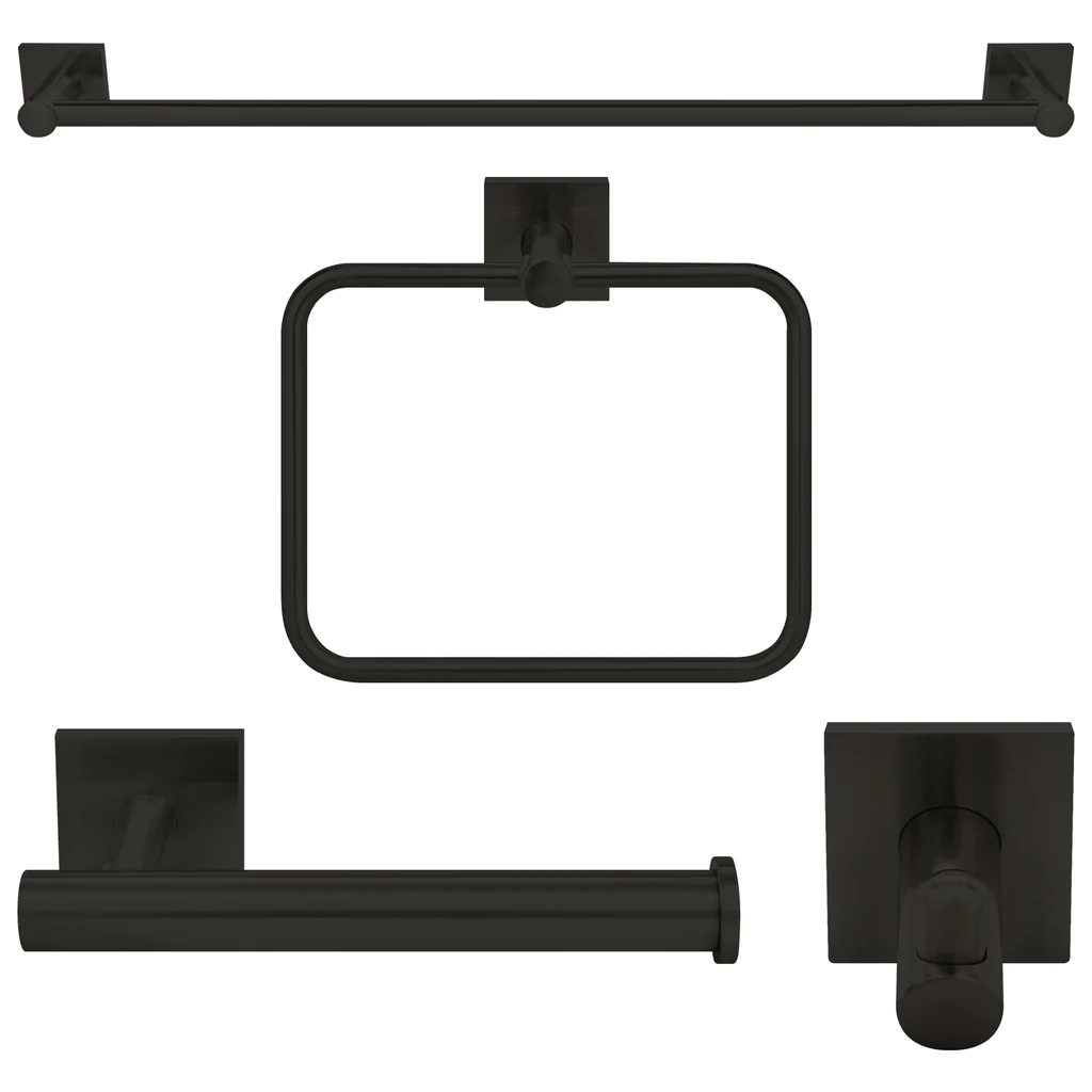 Senna Modern Square 4-Piece Bathroom Hardware Accessory Set With 24" Towel Bar