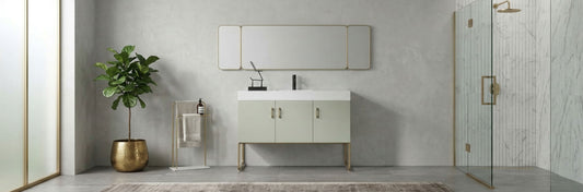 Modern bathroom remodel featuring a fluted floating vanity and white oak freestanding vanity with quartz top.
