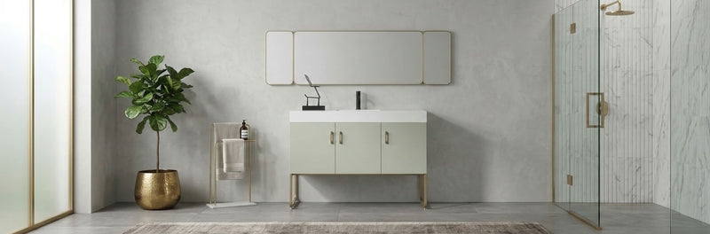 Modern bathroom remodel featuring a fluted floating vanity and white oak freestanding vanity with quartz top.