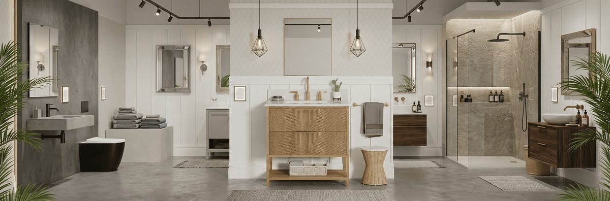 Modern freestanding bathroom vanity with white oak finish and quartz countertop in a spa-inspired bathroom