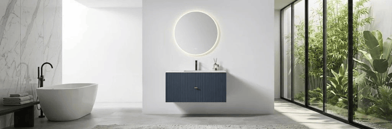 A 42-inch wall-mounted bathroom vanity featuring a white sintered stone countertop and a ceramic undermount sink