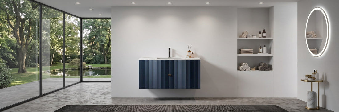 Close-up view of a professionally specified wall-mounted bathroom vanity with a perfectly aligned integrated white acrylic sink top.
