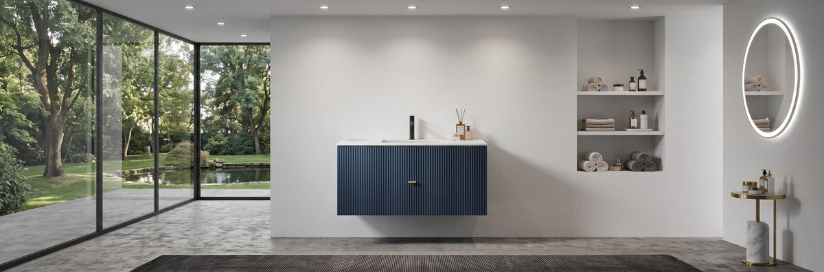 Close-up view of a professionally specified wall-mounted bathroom vanity with a perfectly aligned integrated white acrylic sink top.