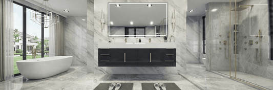 A 72-inch Bethany wall-mounted double vanity featuring a seamless white reinforced acrylic integrated double sink top and four large soft-close drawers for a floating, minimalist look.