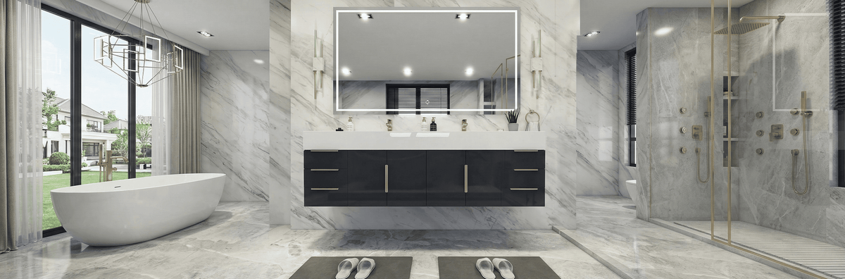 A 72-inch Bethany wall-mounted double vanity featuring a seamless white reinforced acrylic integrated double sink top and four large soft-close drawers for a floating, minimalist look.