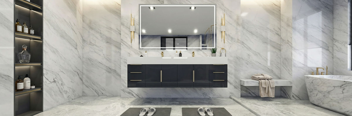 72-inch Bethany wall-mounted double vanity with white integrated sink top and modern floating design
