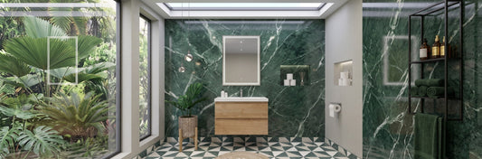 Organized wood-tone floating bathroom vanity with deep double storage drawers holding neatly arranged essentials in a modern bathroom.