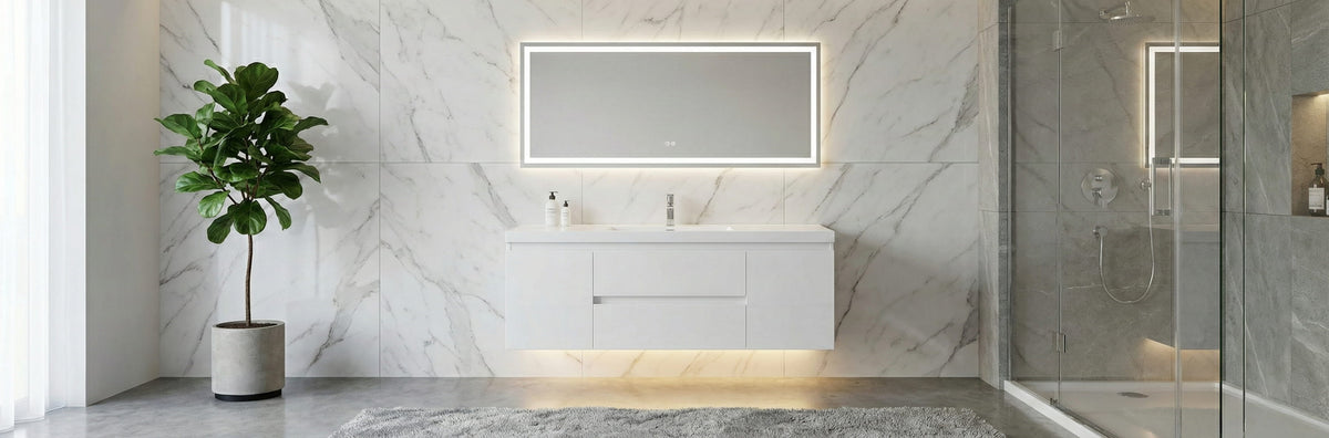 Bohemia Lina 48 inch wall mounted bathroom vanity featuring a reinforced white acrylic integrated sink top and modern cabinetry.