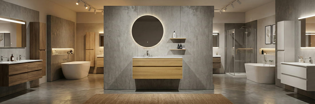 Modern commercial restroom featuring a double floating light oak vanity with fluted panels, matte black faucets