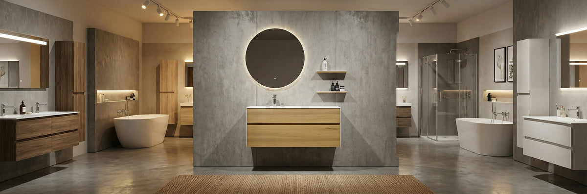 Modern commercial restroom featuring a double floating light oak vanity with fluted panels, matte black faucets