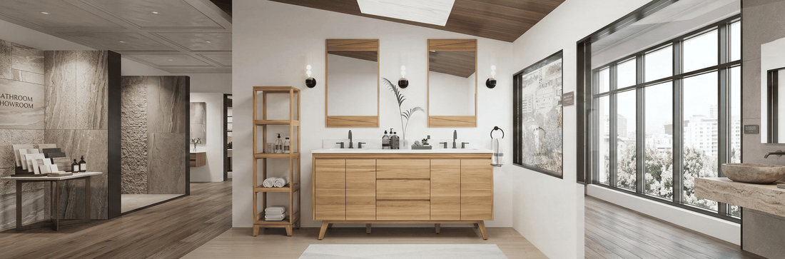 Commercial freestanding bathroom vanity with marble top and soft-close drawers for high-traffic office restrooms.