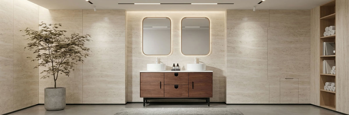 Modern bathroom remodel featuring a fluted wall-mounted vanity and integrated quartz countertop for a designer spec project.