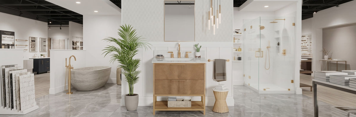 Commercial bathroom featuring a modern floating woodgrain vanity with an integrated porcelain sink and coordinated fixtures in a clean business restroom.