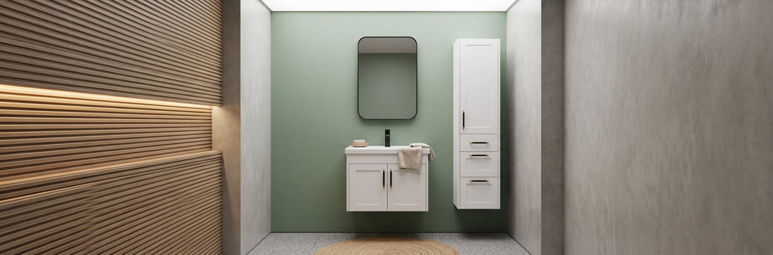 Compact 24-inch wall-mounted light wood bathroom vanity with an integrated sink and soft-close drawer in a small, stylish bathroom.