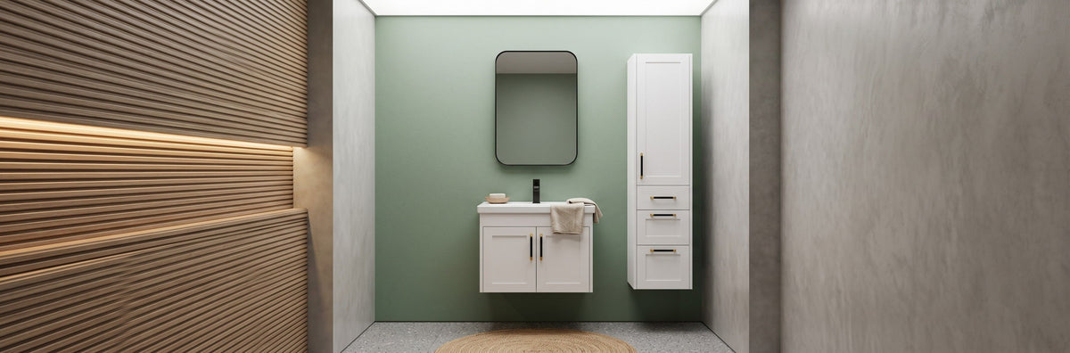 Compact 24-inch wall-mounted light wood bathroom vanity with an integrated sink and soft-close drawer in a small, stylish bathroom.