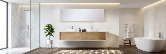 Fiona 72-inch wall-mounted bathroom vanity with a solid surface top and dual ceramic vessel sinks.