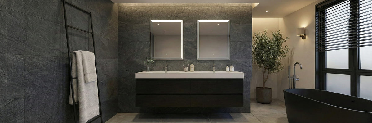 Fortune 84 inch double sink wall mounted bathroom vanity with two reinforced acrylic integrated sink tops