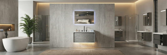 Modern bathroom vanity replacing an old pedestal sink to provide extra storage and a clean, updated look.