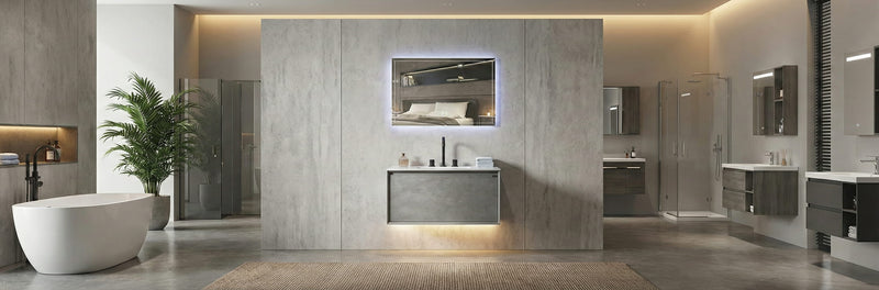 Modern bathroom vanity replacing an old pedestal sink to provide extra storage and a clean, updated look.