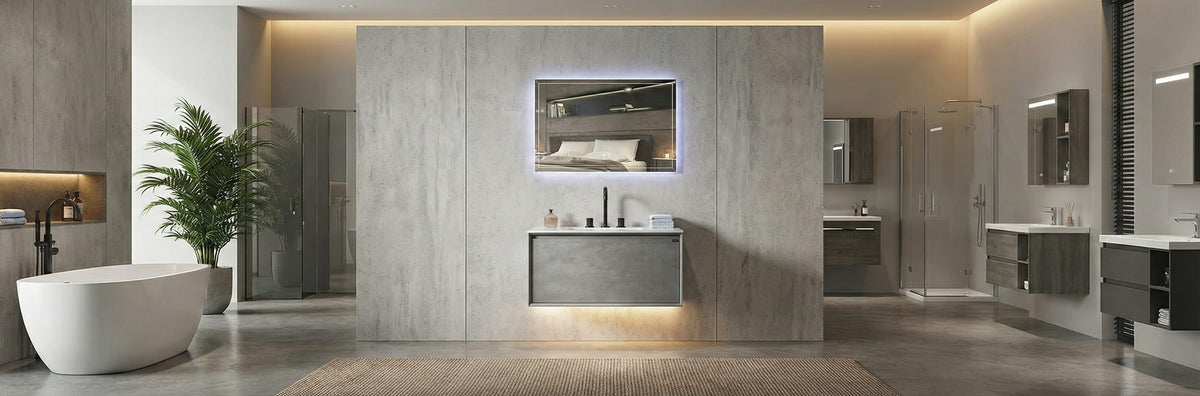 Modern bathroom vanity replacing an old pedestal sink to provide extra storage and a clean, updated look.