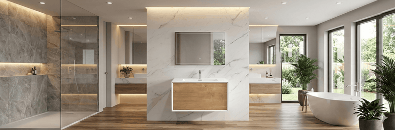 Frula 30-inch wall-mounted bathroom vanity with integrated sink top, ideal for staff and guest bathrooms with limited space.
