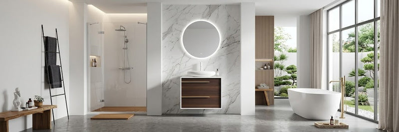 A 30-inch wall-mounted bathroom vanity featuring a premium matte solid surface countertop and a vessel sink