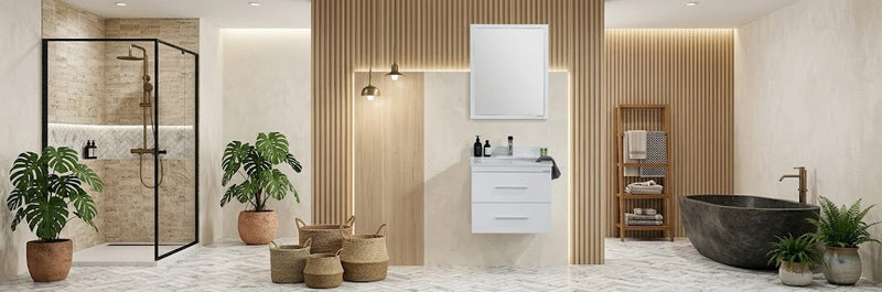 A 24-inch wall-mounted bathroom vanity featuring a Carrara quartz countertop and a porcelain undermount sink