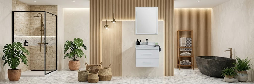 A 24-inch wall-mounted bathroom vanity featuring a Carrara quartz countertop and a porcelain undermount sink