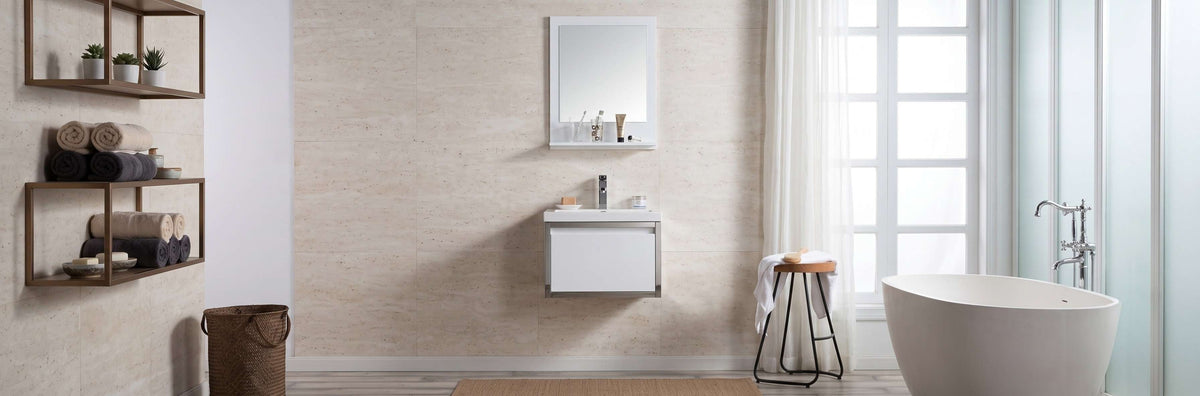 Modern 24-inch wall-mounted matte black commercial bathroom vanity with an integrated sink top installed in a compact business restroom.