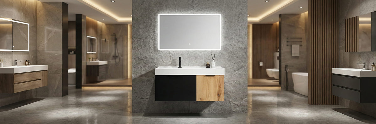 Lugano 42-inch wall-mounted bathroom vanity in a modern small bathroom featuring a white reinforced acrylic integrated sink top.