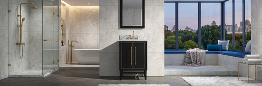Modern wall-mounted black oak bathroom vanity with deep storage drawers and integrated linen cabinet in a professionally designed bathroom.