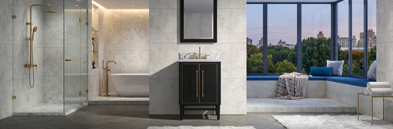 Modern wall-mounted black oak bathroom vanity with deep storage drawers and integrated linen cabinet in a professionally designed bathroom.