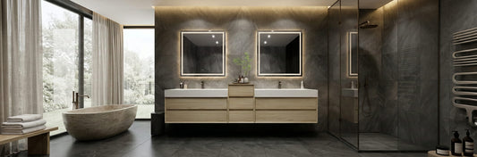 Modern 2025 bathroom design featuring a warm wood-tone vanity with fluted details and elegant gold hardware.