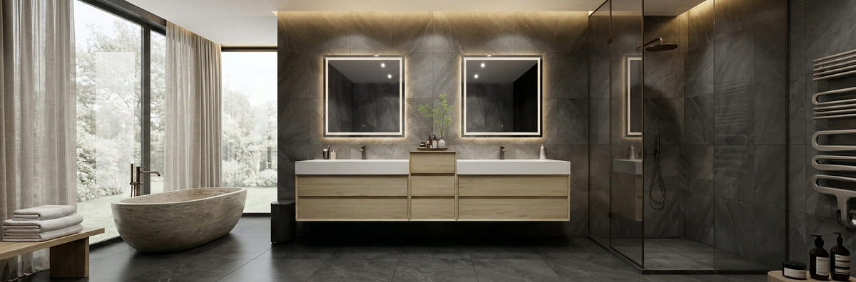 Modern 2025 bathroom design featuring a warm wood-tone vanity with fluted details and elegant gold hardware.