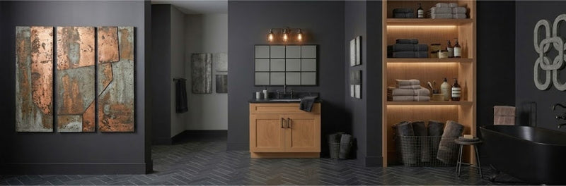Modern white oak floating bathroom vanity featuring full-extension storage drawers and clean integrated countertop lines in a contemporary residential bathroom setting.
