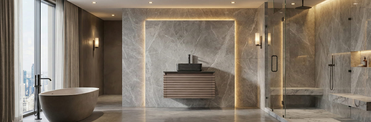 Modern high-spec bathroom vanity with included quartz countertop and premium hardware for professional contractor projects.