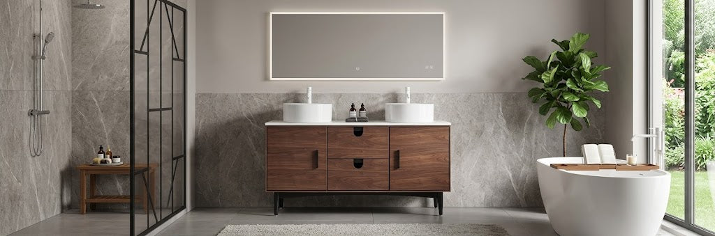 A 60-inch freestanding double bathroom vanity featuring a pure white quartz countertop and two ceramic vessel sinks.
