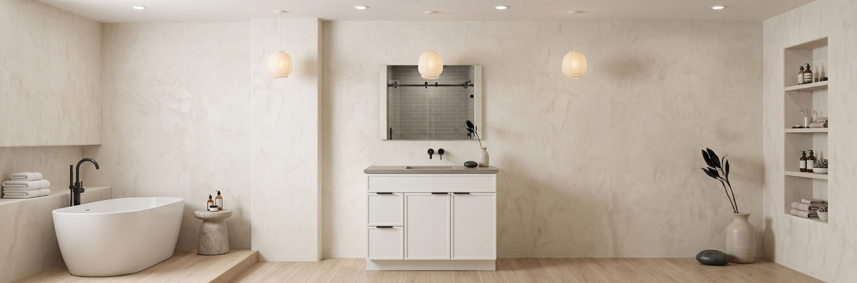 Modern commercial freestanding bathroom vanity with ample closed storage drawers and sleek stone countertop in a clean business restroom.