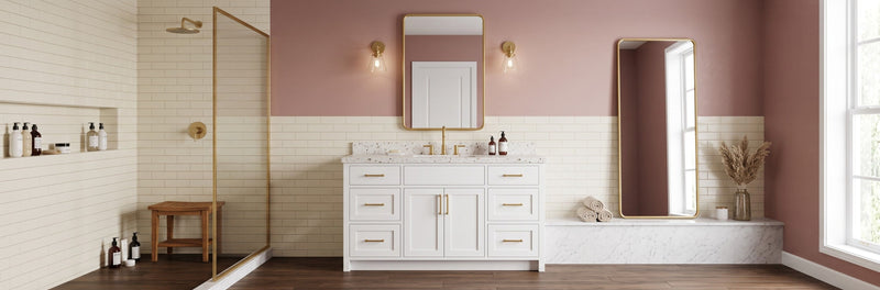 Front view of a 36-inch wall-mounted wood-grain bathroom vanity featuring a solid surface top and ceramic vessel sink installed in a professional setting.