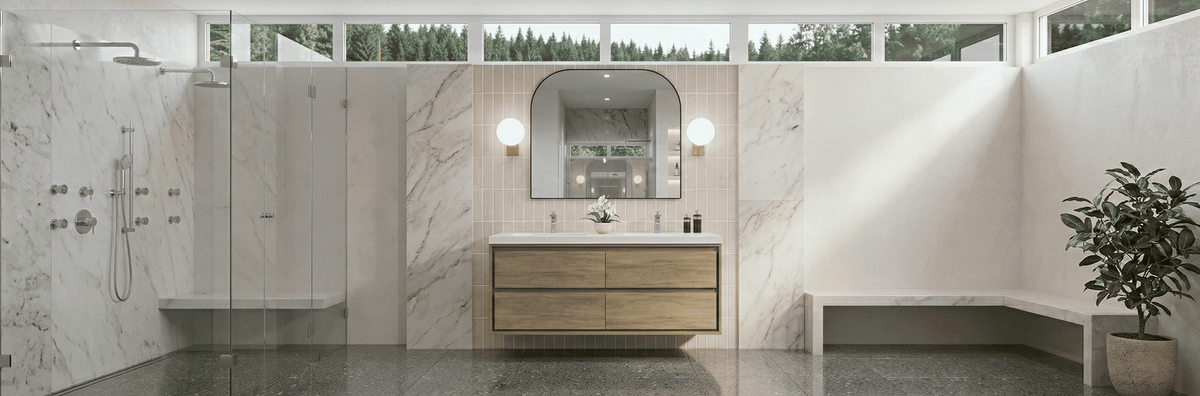 Collection of modern wood tone bathroom vanities with integrated porcelain sinks for 2025 design specs.