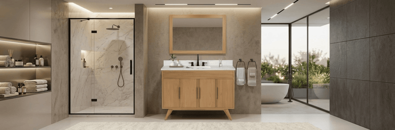 Modern bathroom vanity paired with a coordinating mirror and quartz countertop