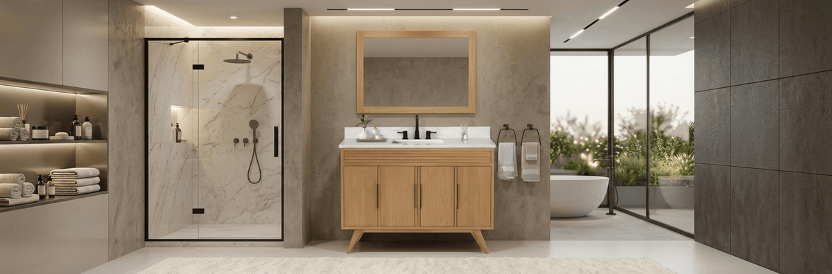 Modern bathroom vanity paired with a coordinating mirror and quartz countertop