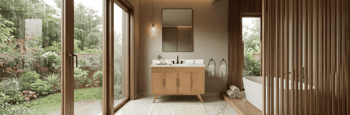 Modern bathroom vanity and mirror combo with quartz