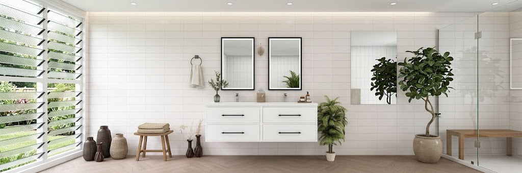 A 60-inch wall-mounted bathroom vanity featuring multiple drawers and a seamless acrylic integrated sink top
