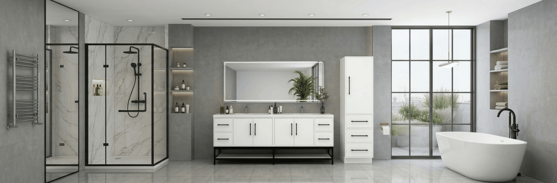 Modern bathroom design with a 48-inch light oak vanity paired with a coordinating mirror, white quartz countertop, and integrated sink
