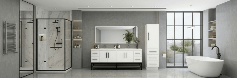 Modern bathroom design with a 48-inch light oak vanity paired with a coordinating mirror, white quartz countertop, and integrated sink