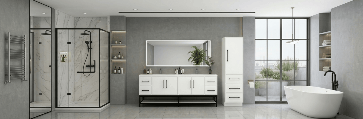 Modern bathroom design with a 48-inch light oak vanity paired with a coordinating mirror, white quartz countertop, and integrated sink