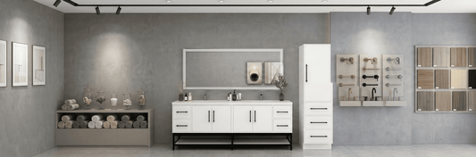 A modern bathroom interior featuring a coordinated 48-inch light oak vanity and matching mirror combo with a white quartz countertop and integrated sink.