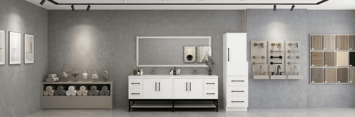 A modern bathroom interior featuring a coordinated 48-inch light oak vanity and matching mirror combo with a white quartz countertop and integrated sink.